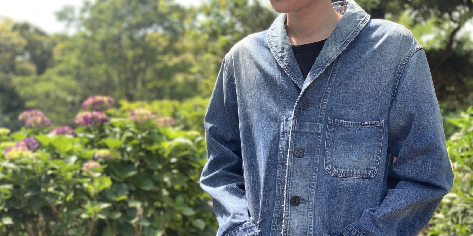 BLUE BLUE ブルーブルー ショールカラーダメージカバーオールを